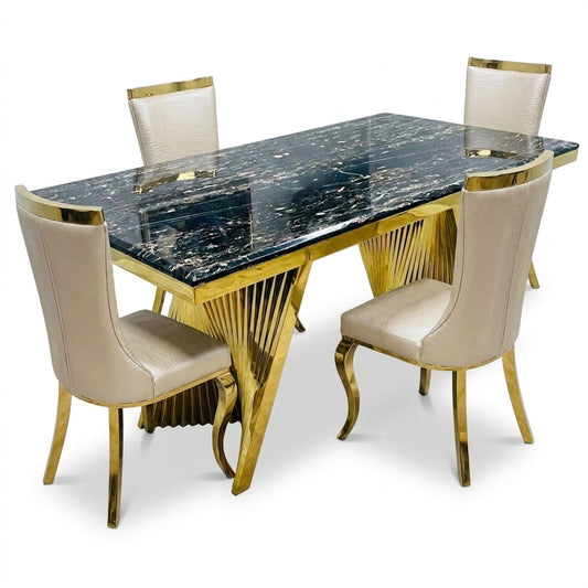 Rovello Black Marble 160cm Dining Set with Miami Mink & Gold Chairs