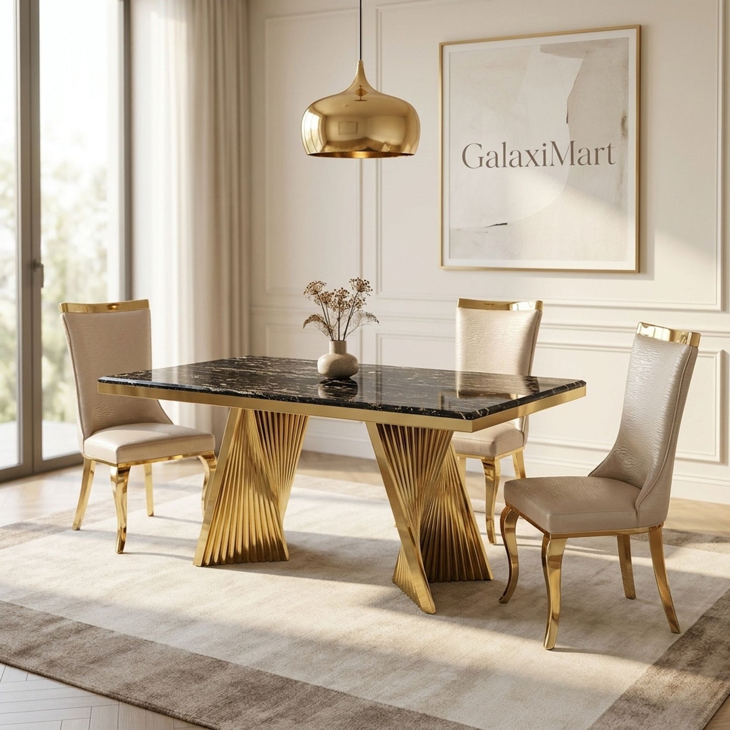 Rovello Black Marble 160cm Dining Set with Miami Mink & Gold Chairs