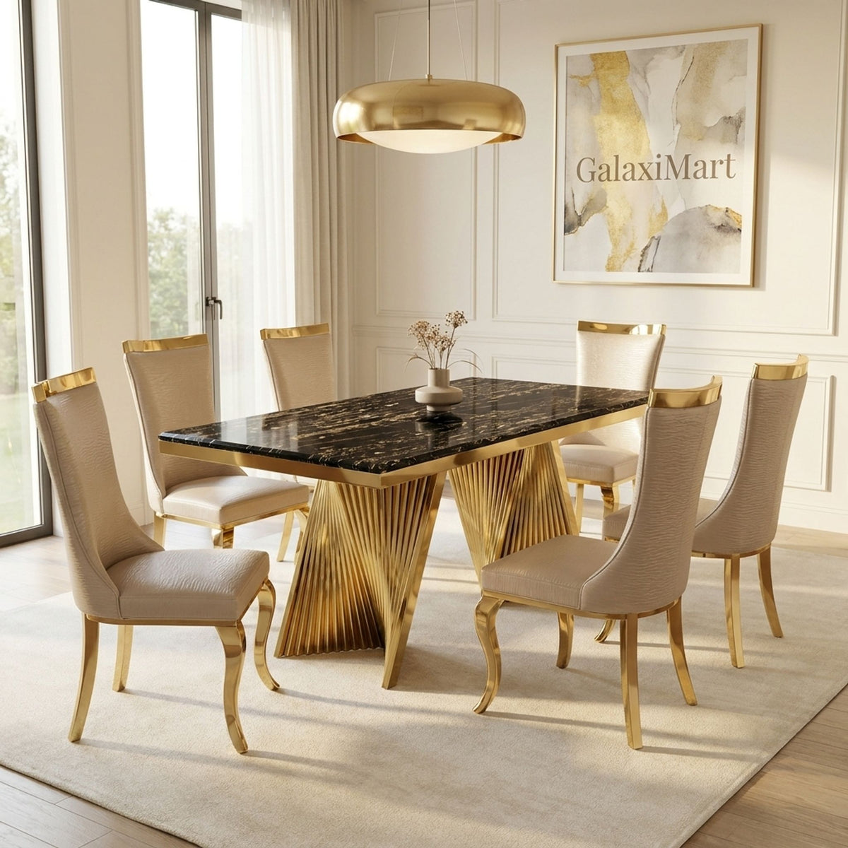 Rovello Black Marble 160cm Dining Set with Miami Mink & Gold Chairs