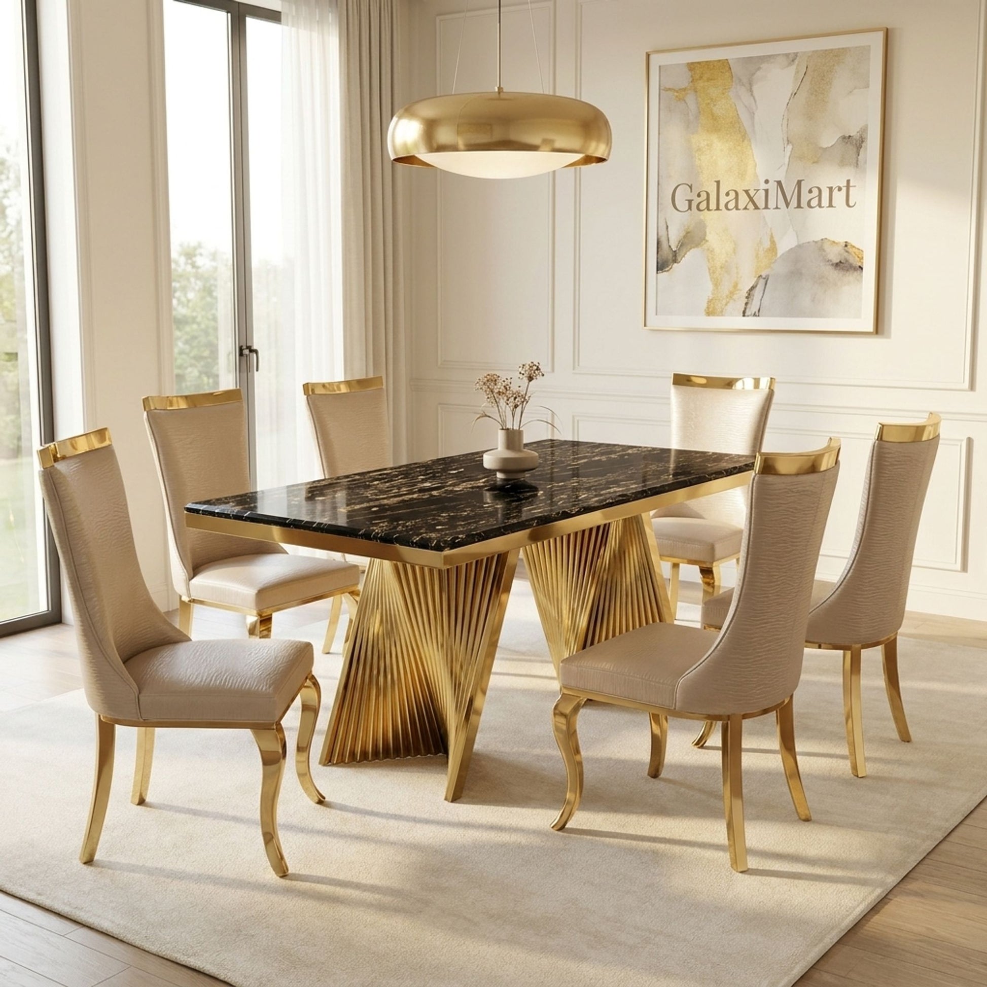 Rovello Black Marble 160cm Dining Set with Miami Mink & Gold Chairs