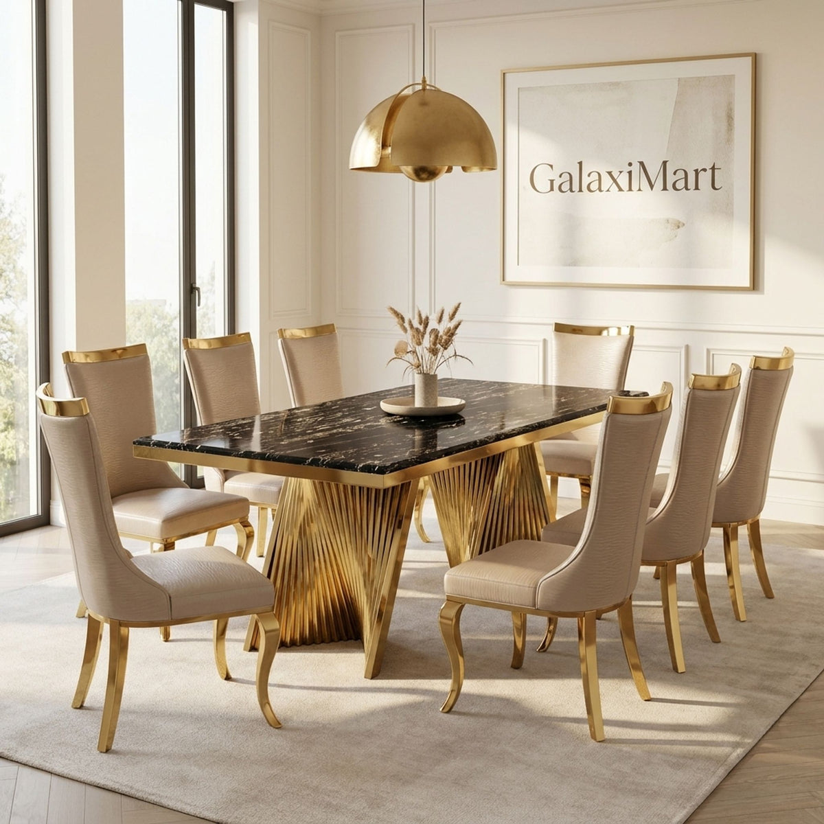 Rovello Black Marble Dining Set with Miami Mink & Gold Chairs, 180cm 8 chairs