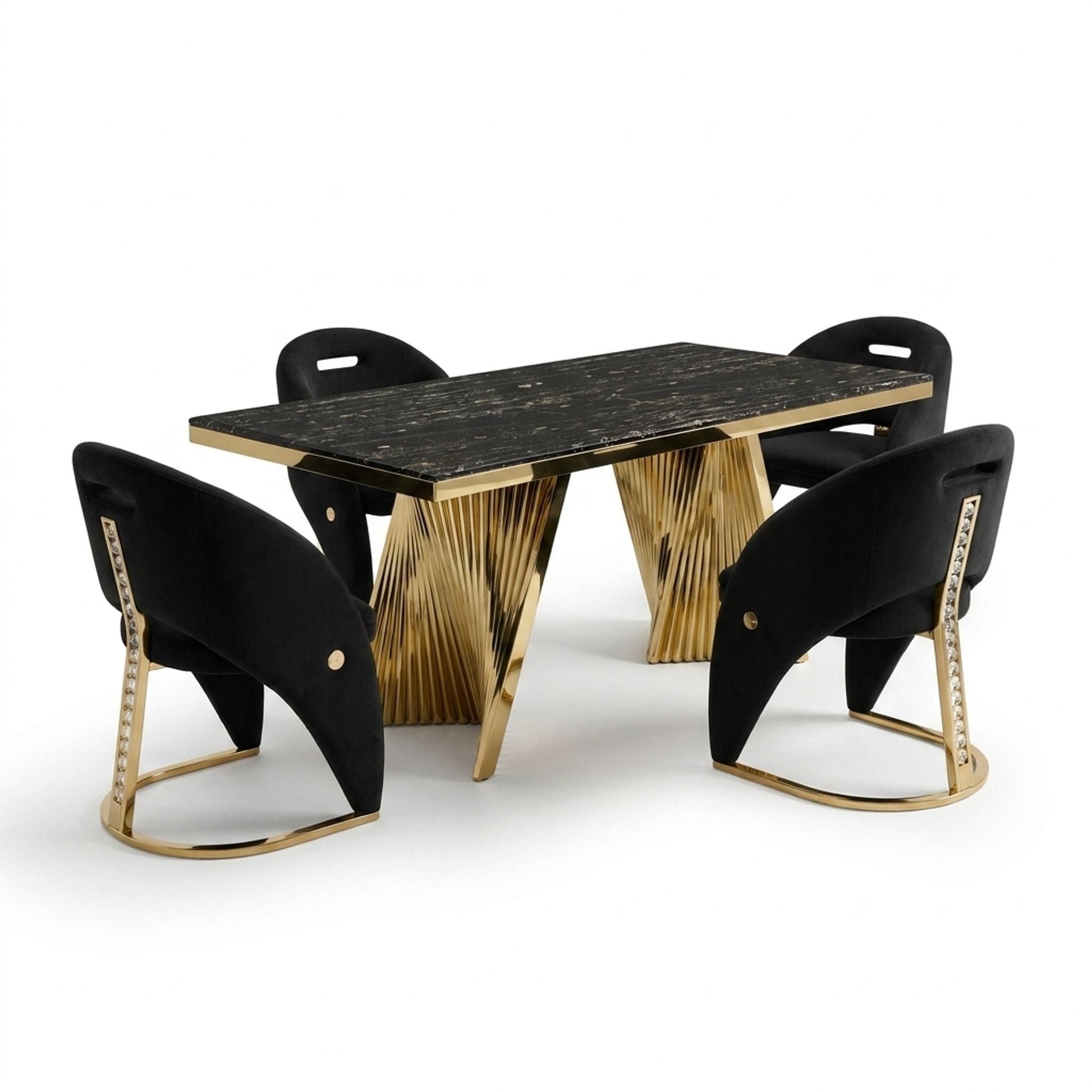 Rovello Black & Gold Marble 160cm Dining Set with Carpi Black Velvet Chairs