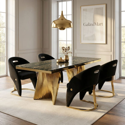 Rovello Black & Gold Marble 160cm Dining Set with Carpi Black Velvet Chairs