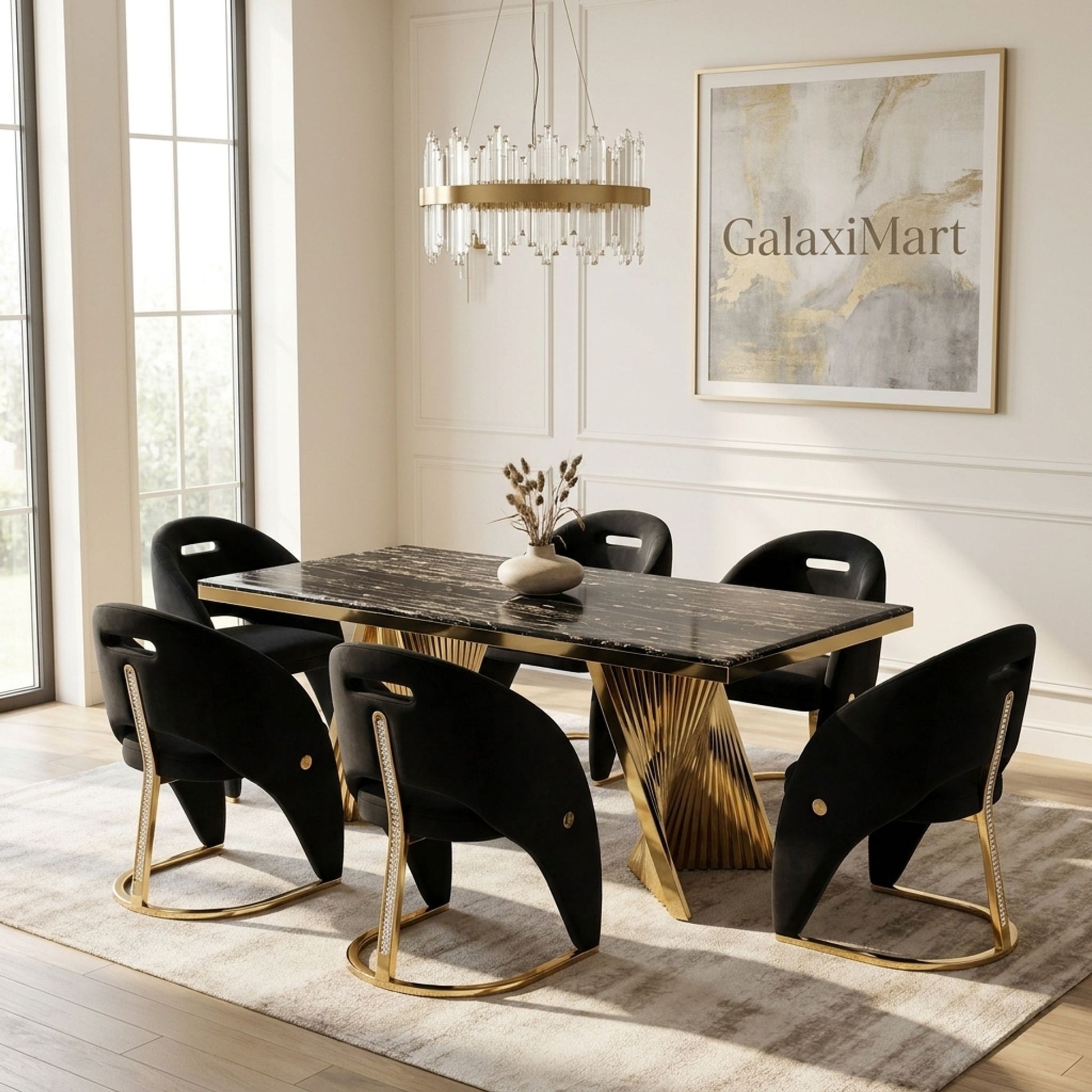 Rovello Black & Gold Marble 160cm Dining Set with Carpi Black Velvet Chairs