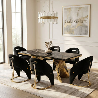 Rovello Black & Gold Marble 160cm Dining Set with Carpi Black Velvet Chairs