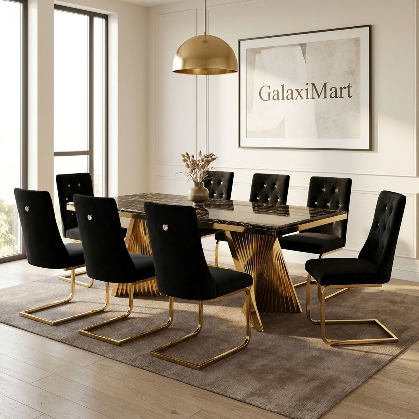 Rovello Black & Gold Marble Dining Set with Carpi Black Velvet Chairs, 180cm 8 chairs