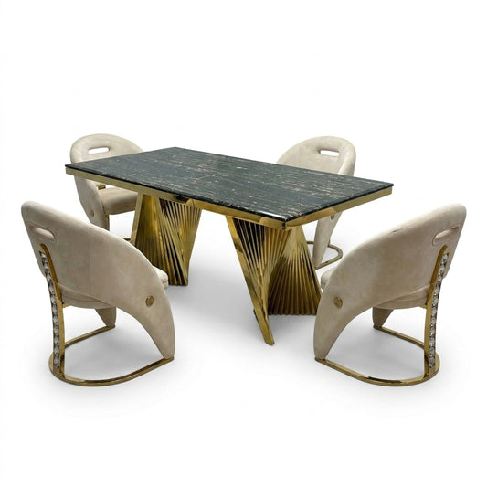 Rovello Black & Gold Marble 160cm Dining Set with Carpi Cream Velvet Chairs