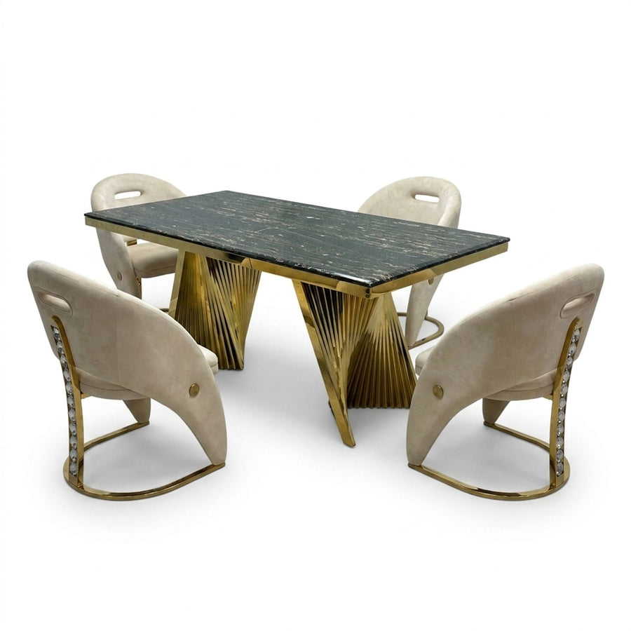 Rovello Black & Gold Marble Dining Set with Carpi Cream Velvet Chairs