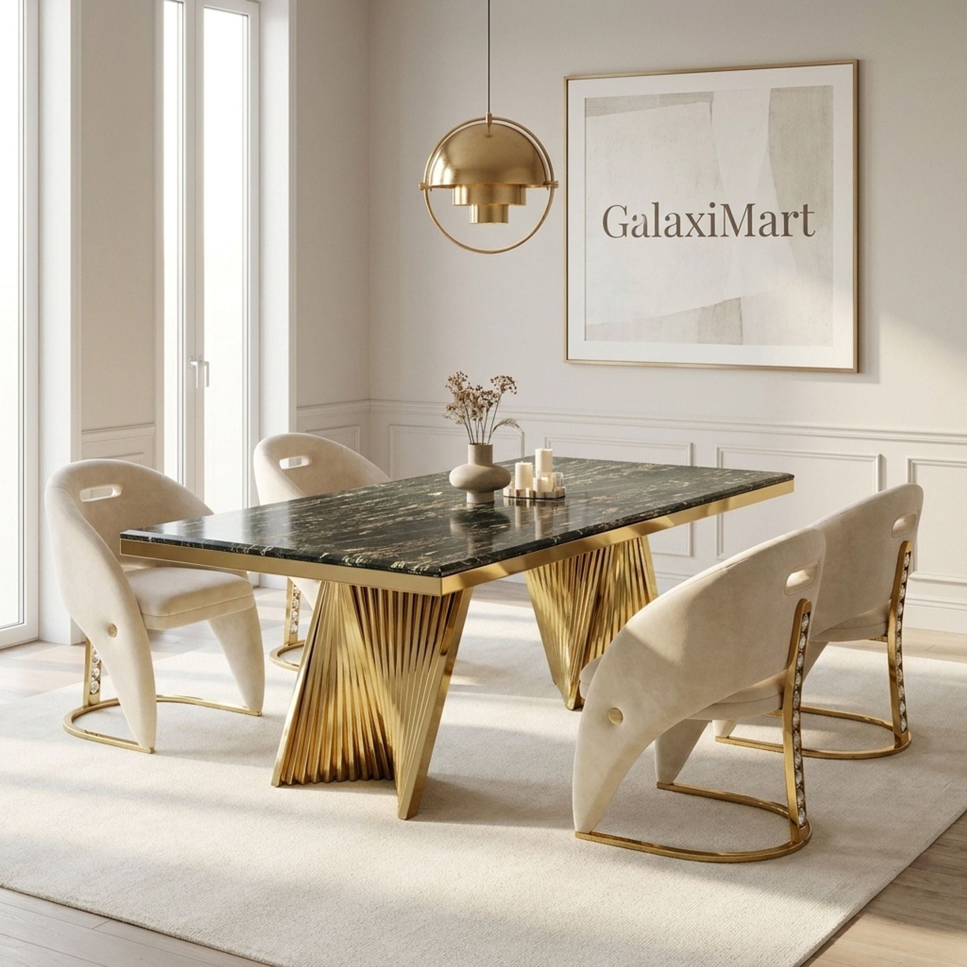Rovello Black & Gold Marble 160cm Dining Set with Carpi Cream Velvet Chairs