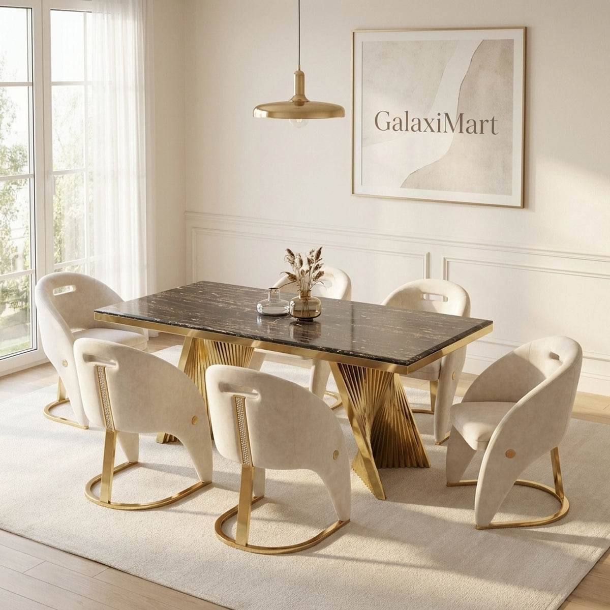Rovello Black & Gold Marble 160cm Dining Set with Carpi Cream Velvet Chairs