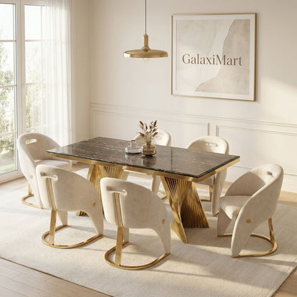 Rovello Black & Gold Marble 160cm Dining Set with Carpi Cream Velvet Chairs