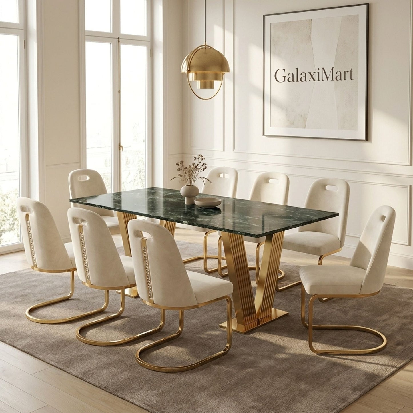 Rovello Black & Gold Marble Dining Set with Carpi Cream Velvet Chairs, 180cm 8 chairs