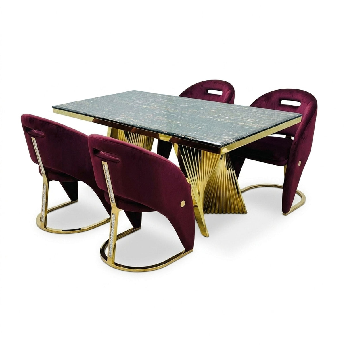 Rovello Black & Gold Marble Dining Set with Carpi Maroon Velvet Chairs, 180cm