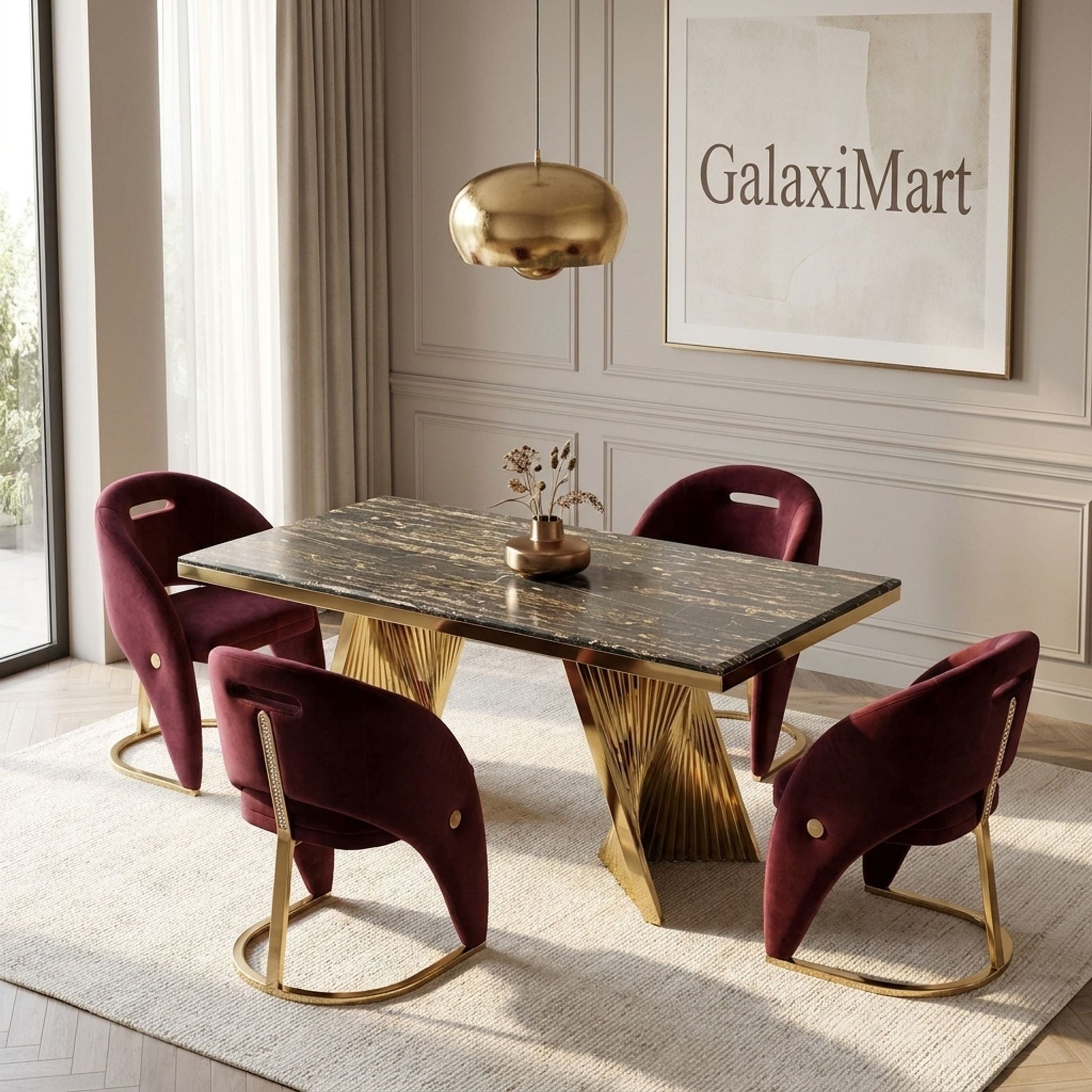 Rovello Black & Gold Marble 160cm Dining Set with Carpi Maroon Velvet Chairs