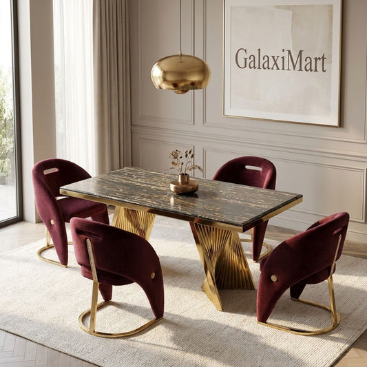 Rovello Black & Gold Marble 160cm Dining Set with Carpi Maroon Velvet Chairs