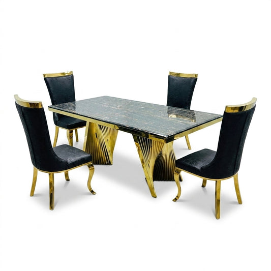 Rovello Black & Gold Marble 160cm Dining Set with Miami Black & Gold Chairs