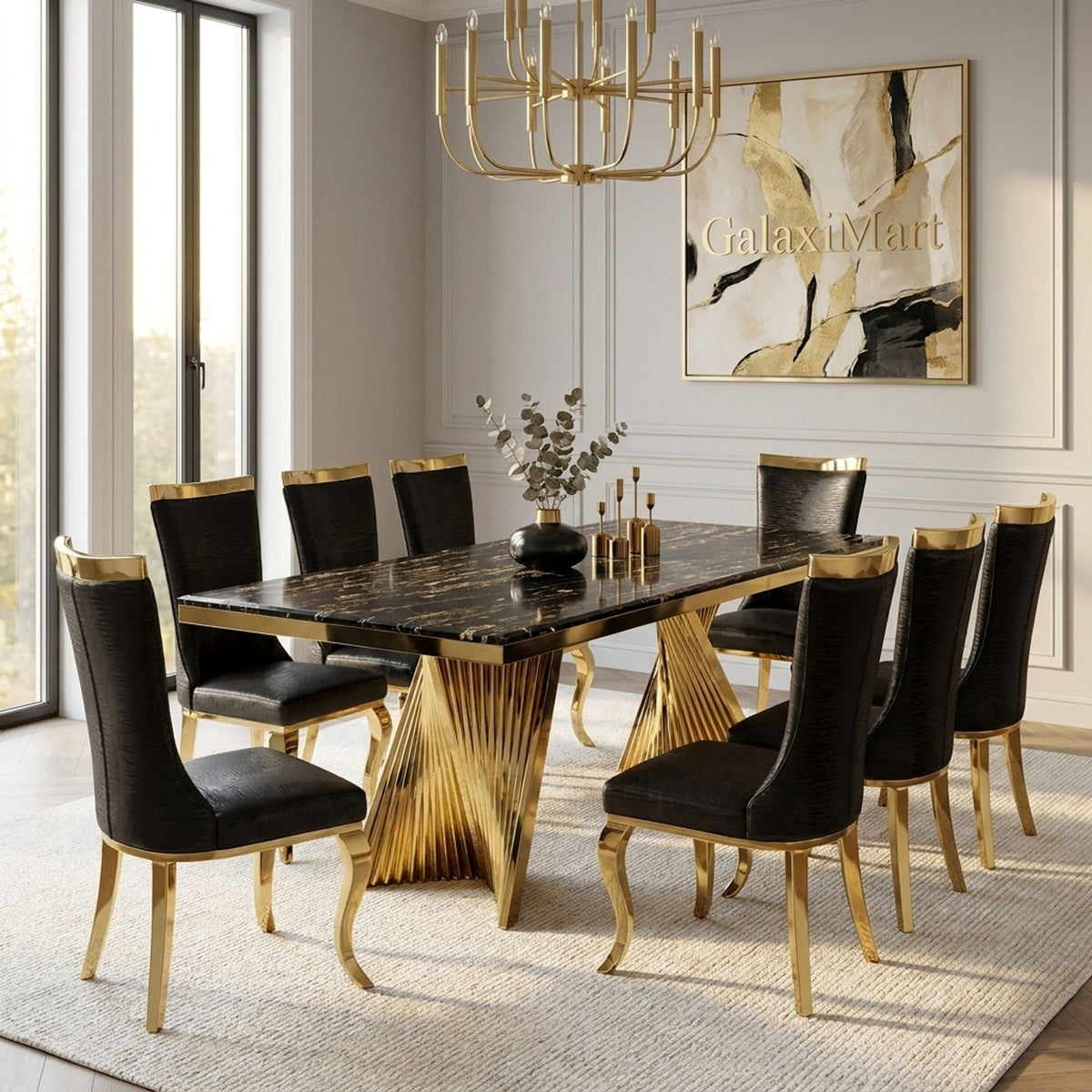 Rovello Black & Gold Marble Dining Set with Miami Black & Gold Chairs, 180cm 8 chairs