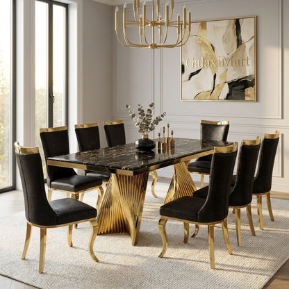 Rovello Black & Gold Marble Dining Set with Miami Black & Gold Chairs, 180cm 8 chairs