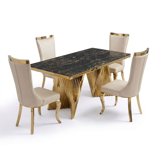 Rovello Black & Gold Marble 160cm Dining Set with Miami Mink & Gold Chairs