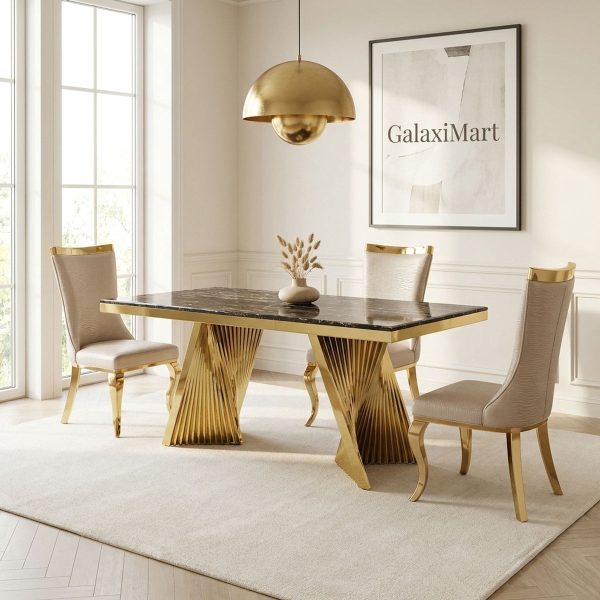 Rovello Black & Gold Marble 160cm Dining Set with Miami Mink & Gold Chairs
