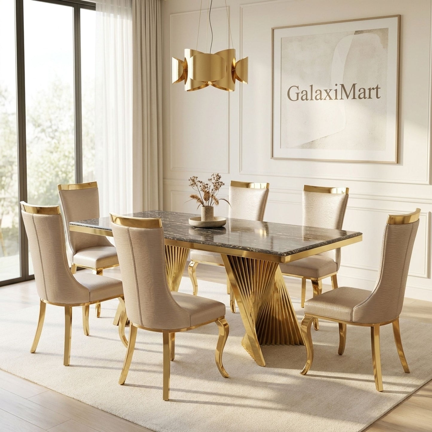 Rovello Black & Gold Marble 160cm Dining Set with Miami Mink & Gold Chairs