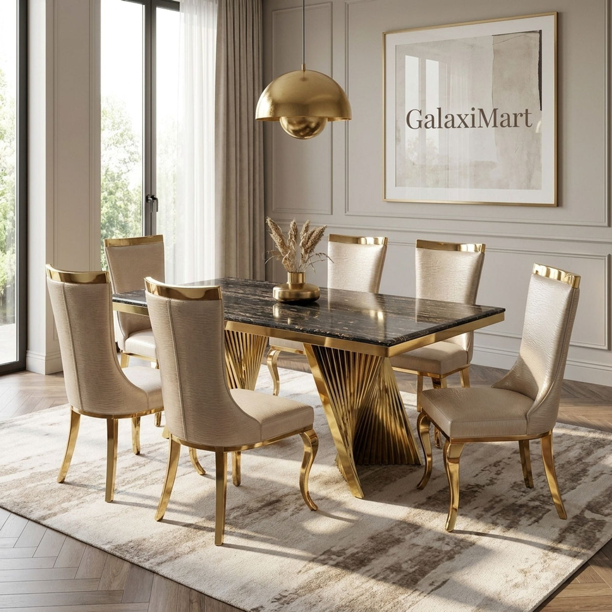 Rovello Black & Gold Marble Dining Set with Miami Mink & Gold Chairs, 180cm 8 chairs
