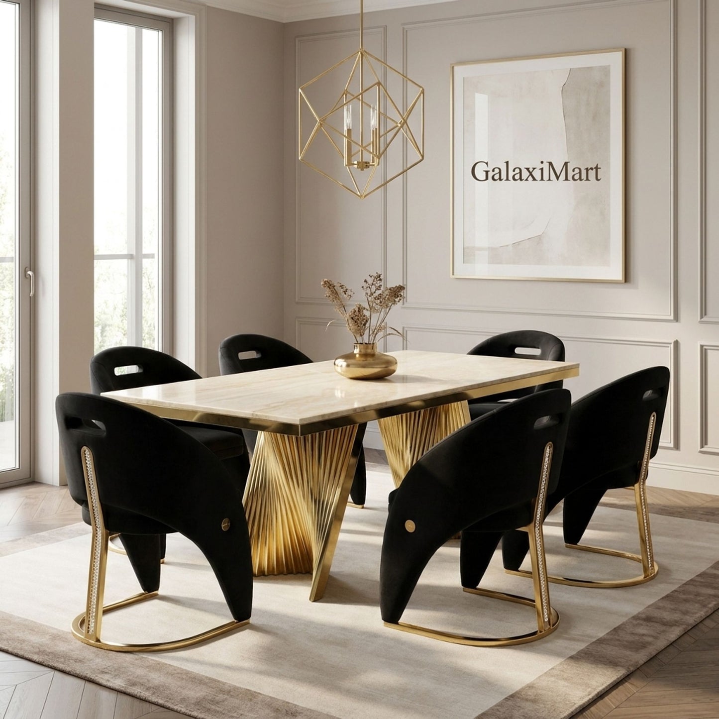 Rovello Cream Marble 160cm Dining Set with Carpi Black Velvet Chairs