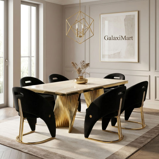 Rovello Cream Marble 160cm Dining Set with Carpi Black Velvet Chairs