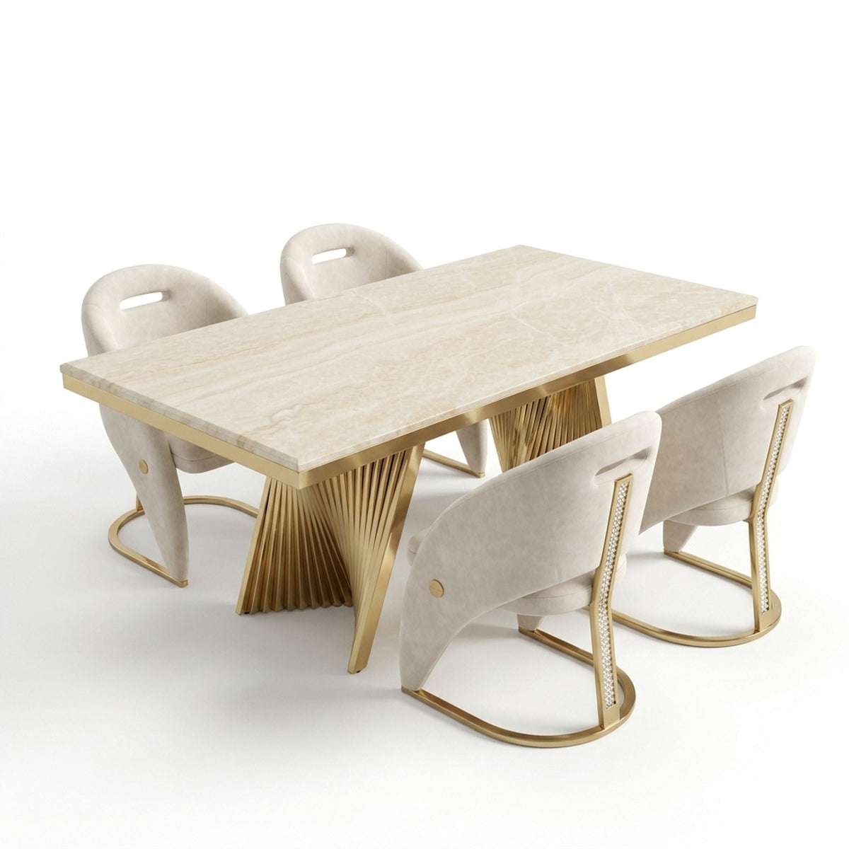 Rovello Cream Marble 160cm Dining Set with Carpi Cream Velvet Chairs