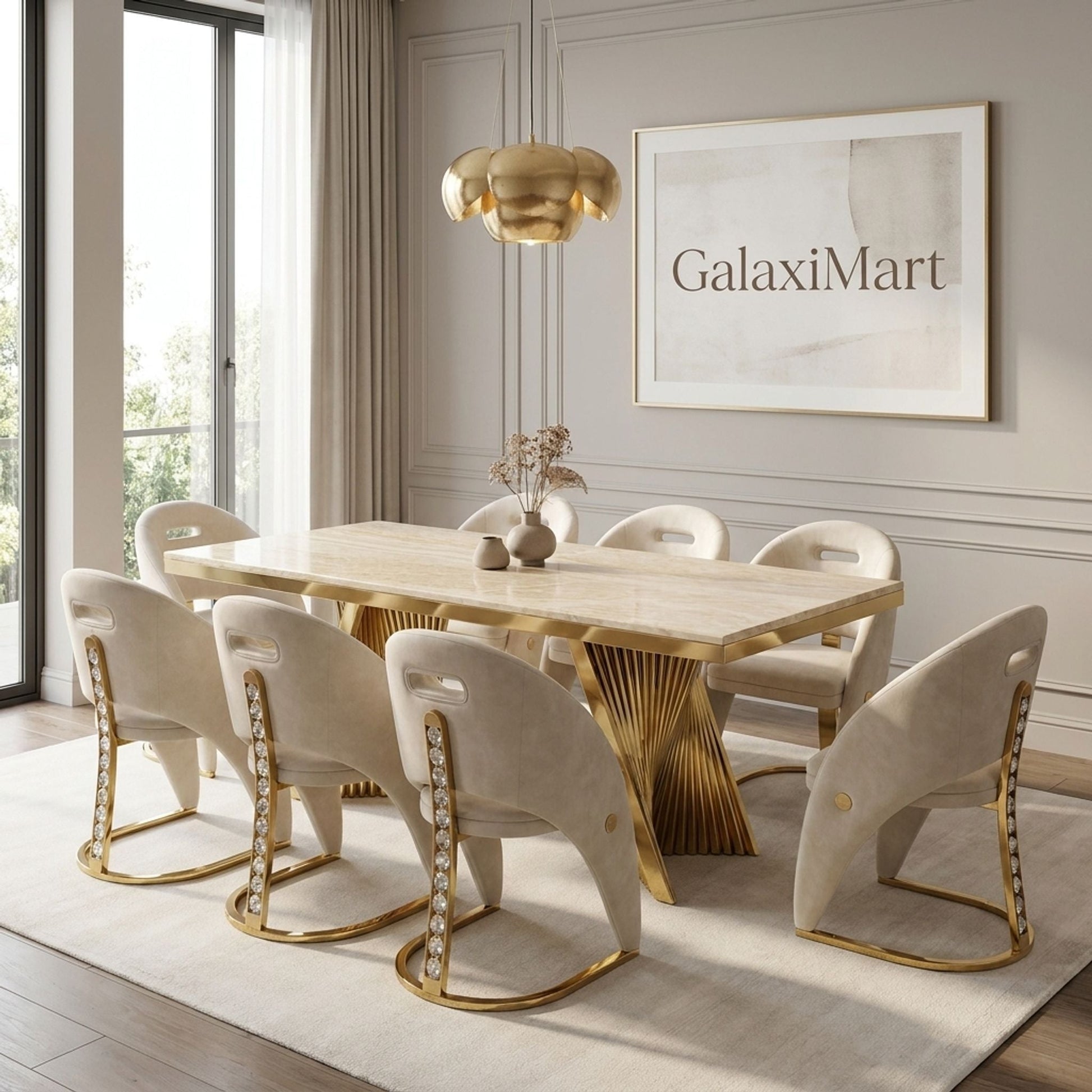 Rovello Cream Marble Dining Set with Carpi Cream Velvet Chairs, 180cm 8 chairs