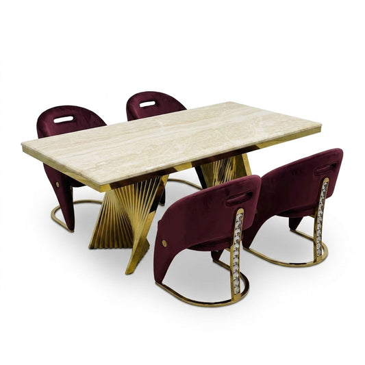 Rovello Cream Marble 160cm Dining Set with Carpi Maroon Velvet Chairs