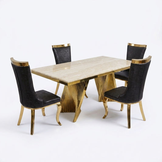 Rovello Cream Marble 160cm Dining Set with Miami Black & Gold Chairs