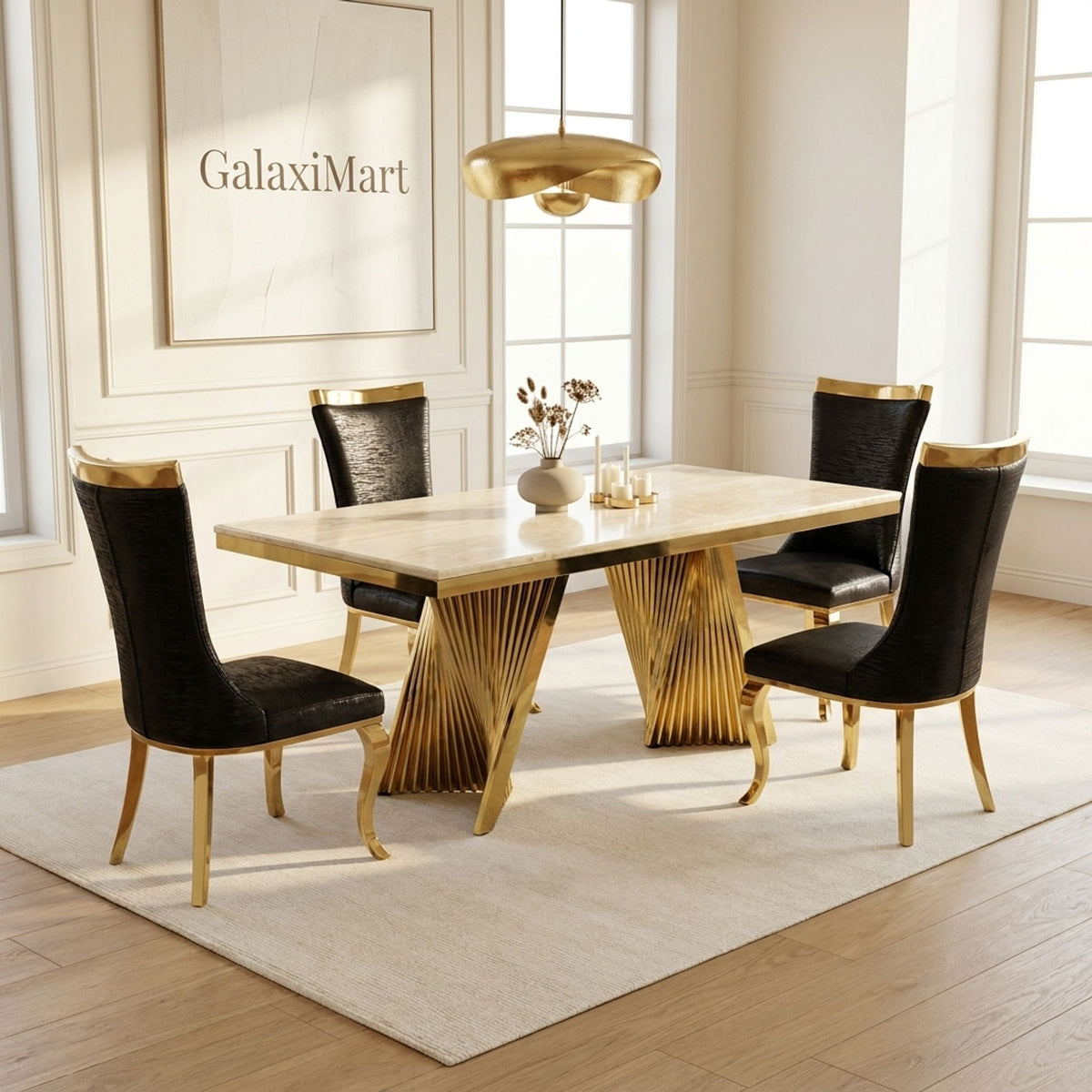 Rovello Cream Marble 160cm Dining Set with Miami Black & Gold Chairs