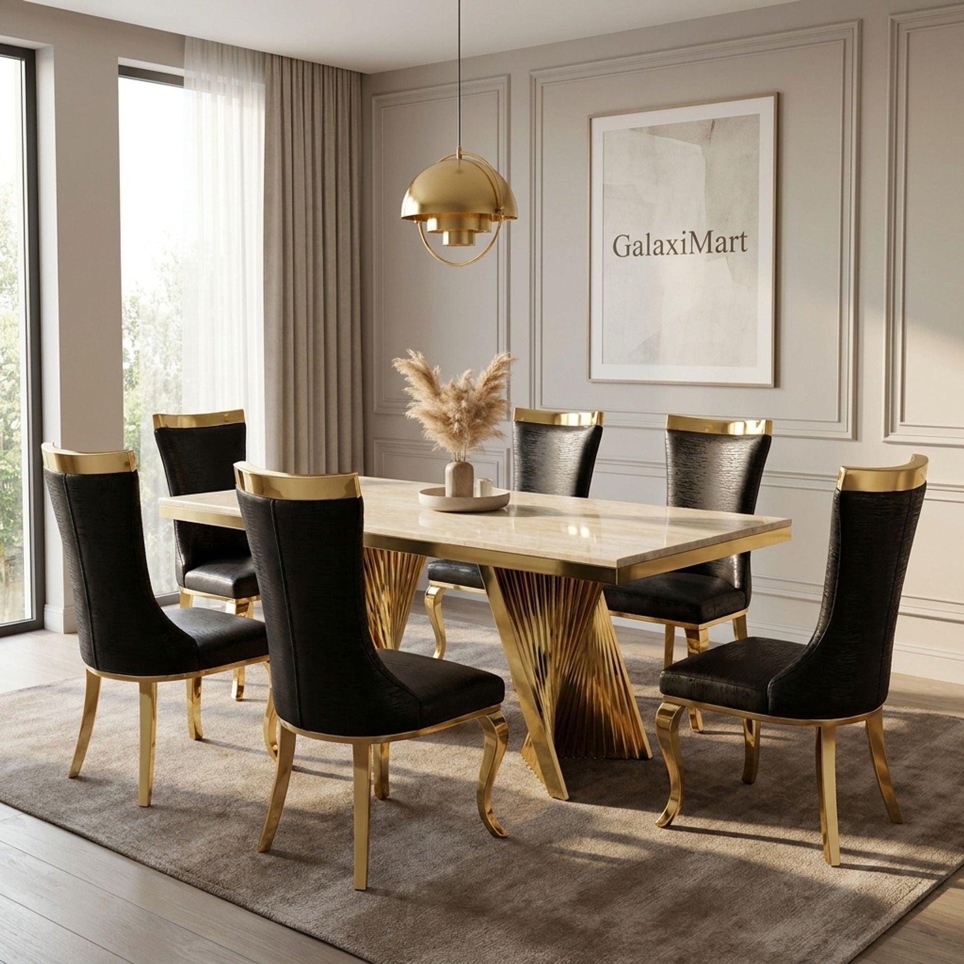 Rovello Cream Marble 160cm Dining Set with Miami Black & Gold Chairs