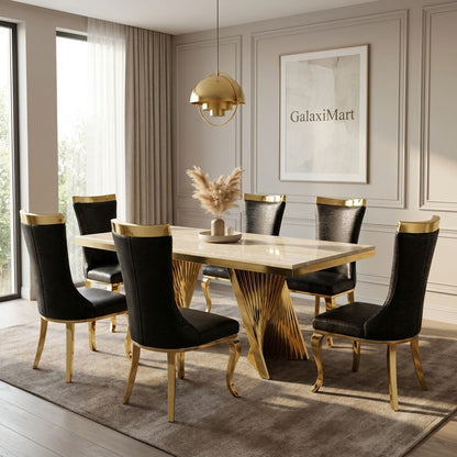 Rovello Cream Marble 160cm Dining Set with Miami Black & Gold Chairs