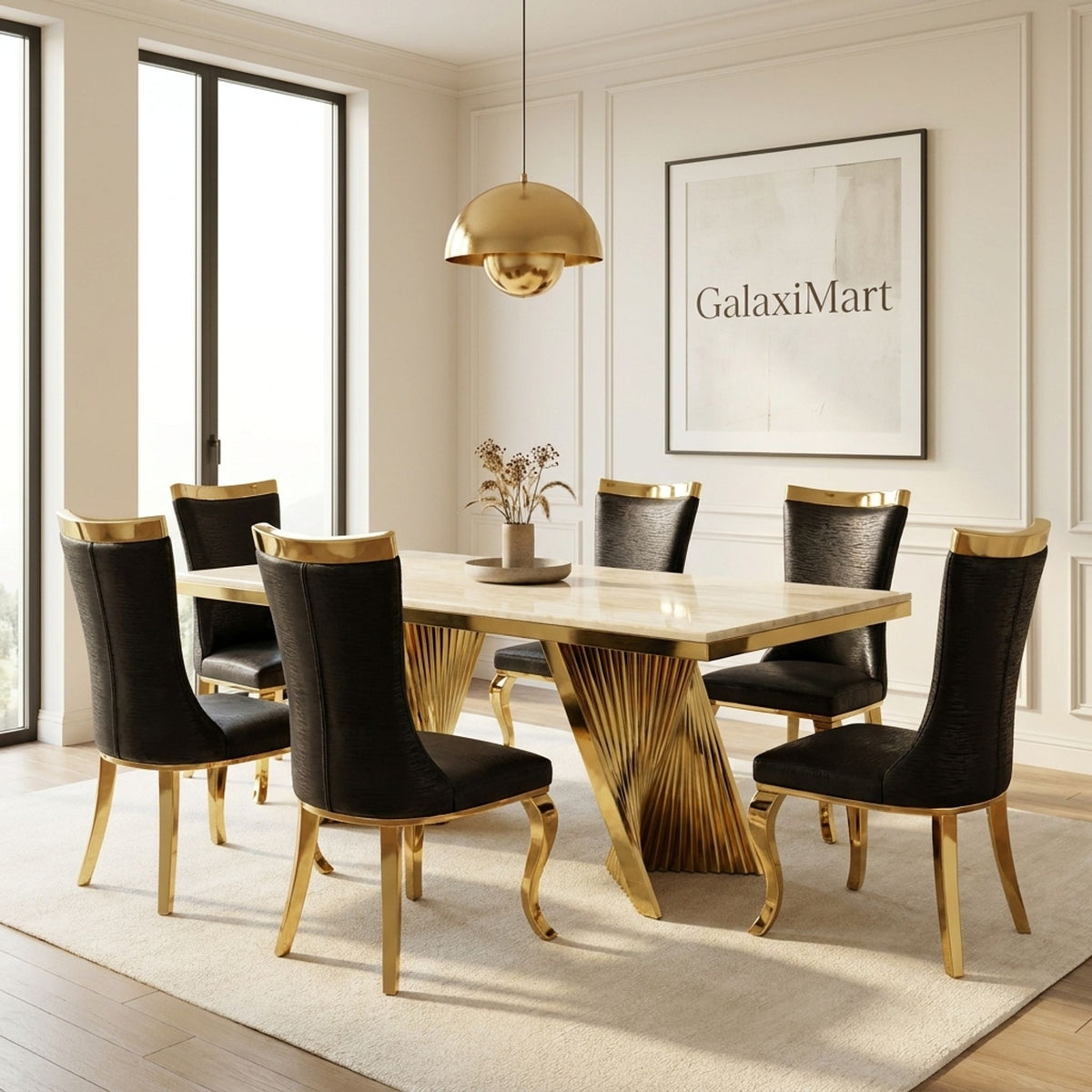 Rovello Cream Marble Dining Set with Miami Black & Gold Chairs, 180cm 8 chairs