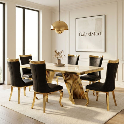 Rovello Cream Marble Dining Set with Miami Black & Gold Chairs, 180cm 8 chairs