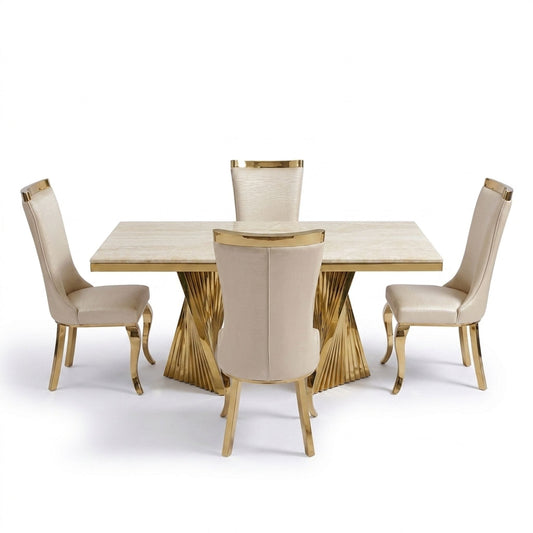 Rovello Cream Marble 160cm Dining Set with Miami Mink & Gold Chairs