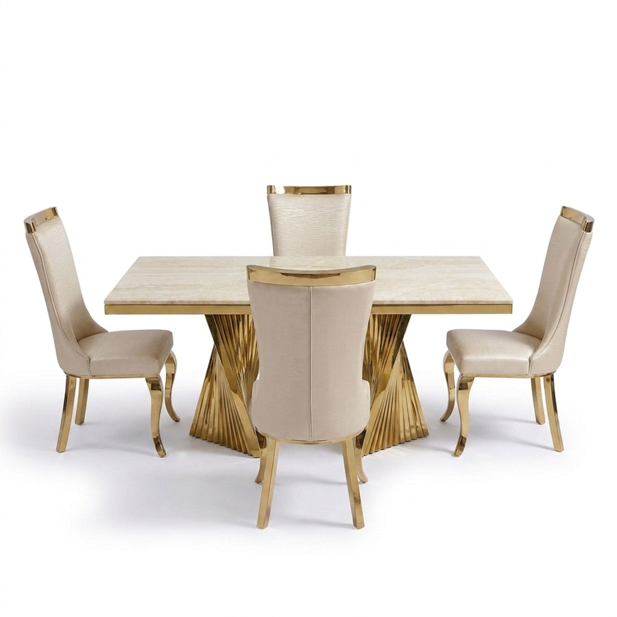 Rovello Cream Marble Dining Set with Miami Mink & Gold Chairs