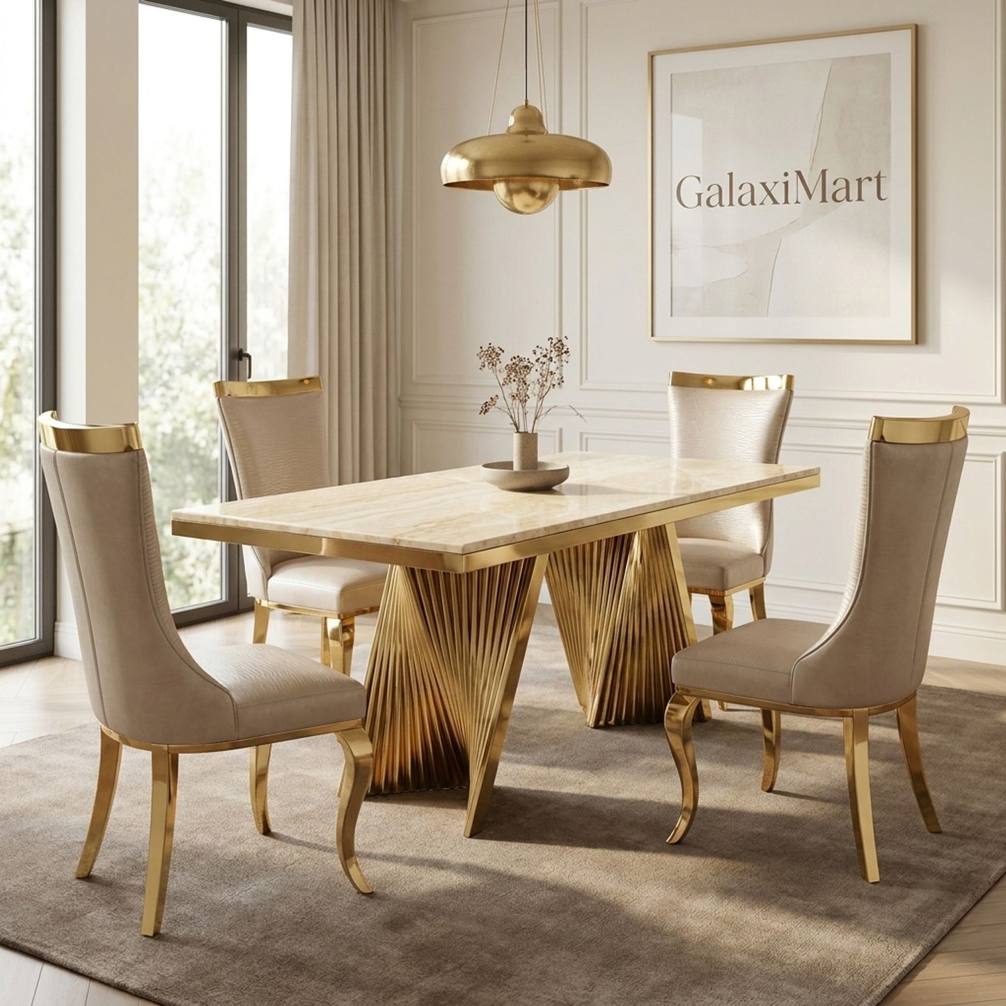 Rovello Cream Marble 160cm Dining Set with Miami Mink & Gold Chairs