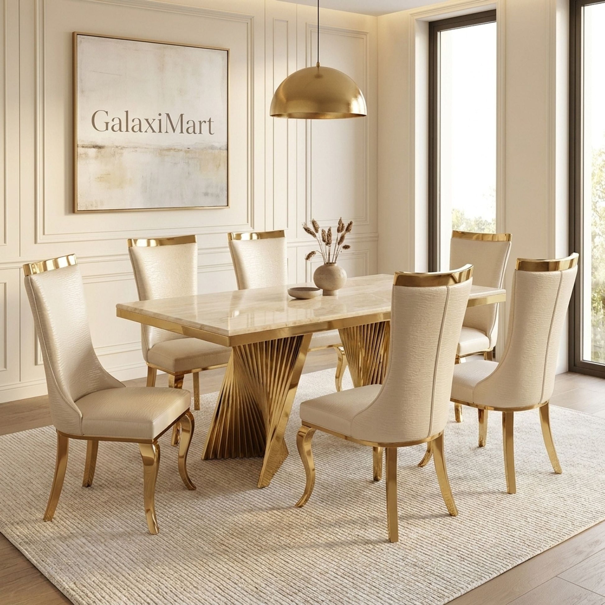 Rovello Cream Marble 160cm Dining Set with Miami Mink & Gold Chairs