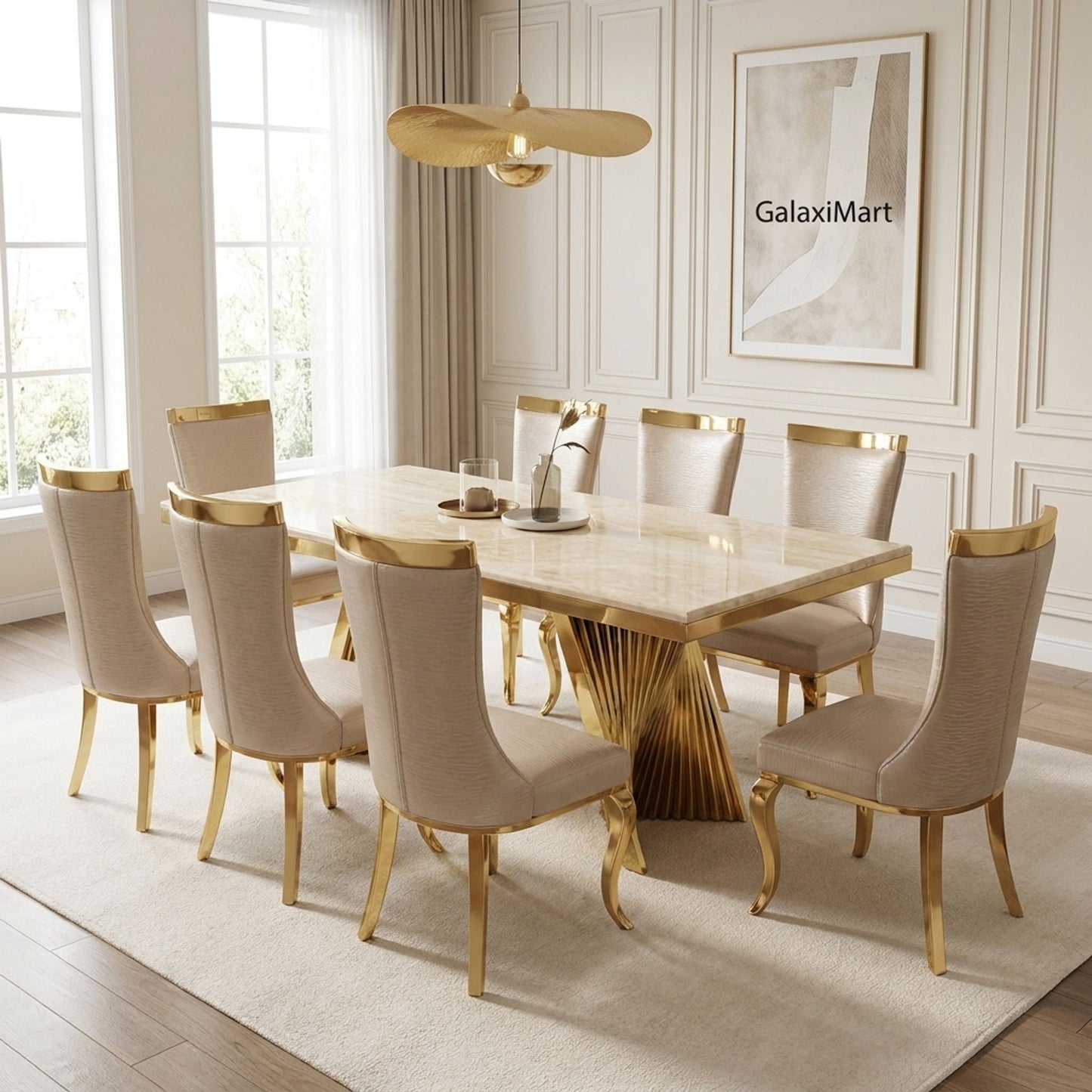 Rovello Cream Marble Dining Set with Miami Mink & Gold Chairs, 180cm 8 chairs