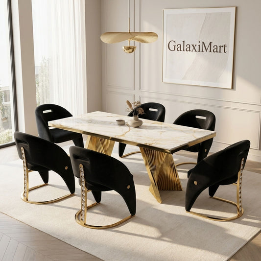 Rovello White & Gold Marble 160cm Dining Set with Carpi Black Velvet Chairs