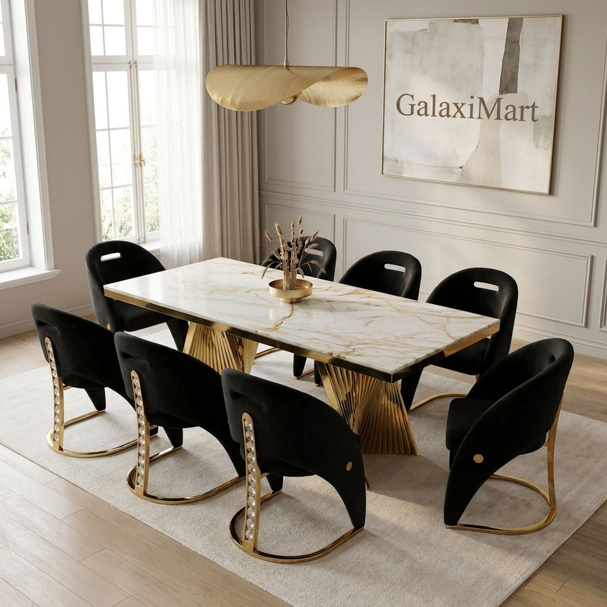 Rovello White & Gold Marble Dining Set with Carpi Black Velvet Chairs, 180cm 8 chairs