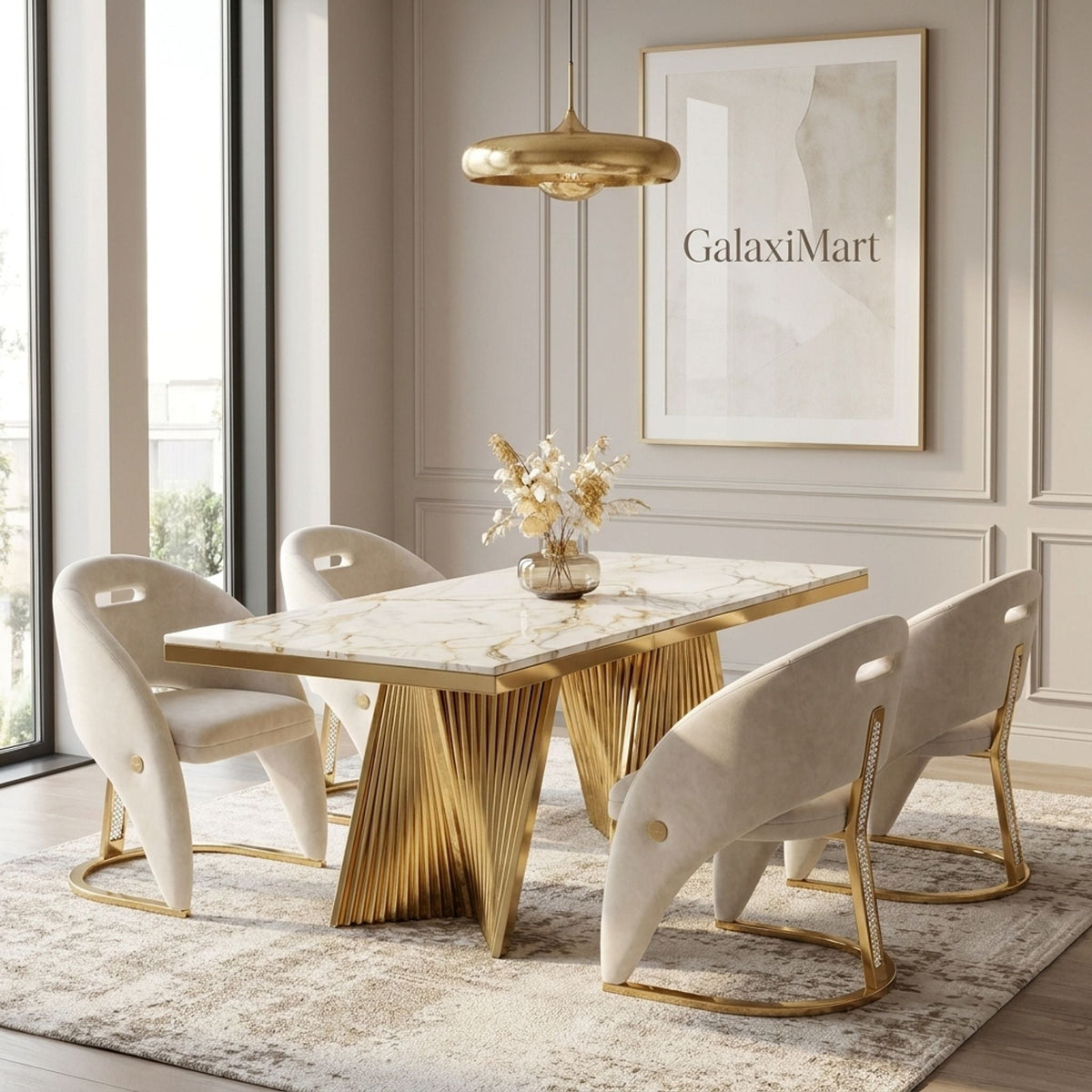 Rovello White & Gold Marble 160cm Dining Set with Carpi Cream Velvet Chairs