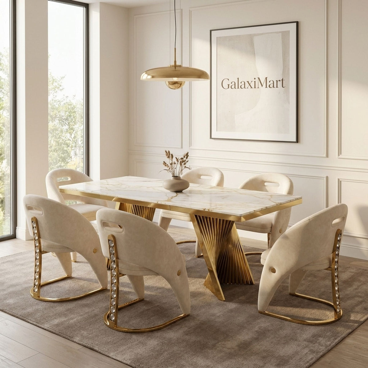 Rovello White & Gold Marble 160cm Dining Set with Carpi Cream Velvet Chairs