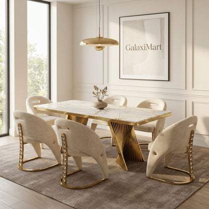 Rovello White & Gold Marble 160cm Dining Set with Carpi Cream Velvet Chairs