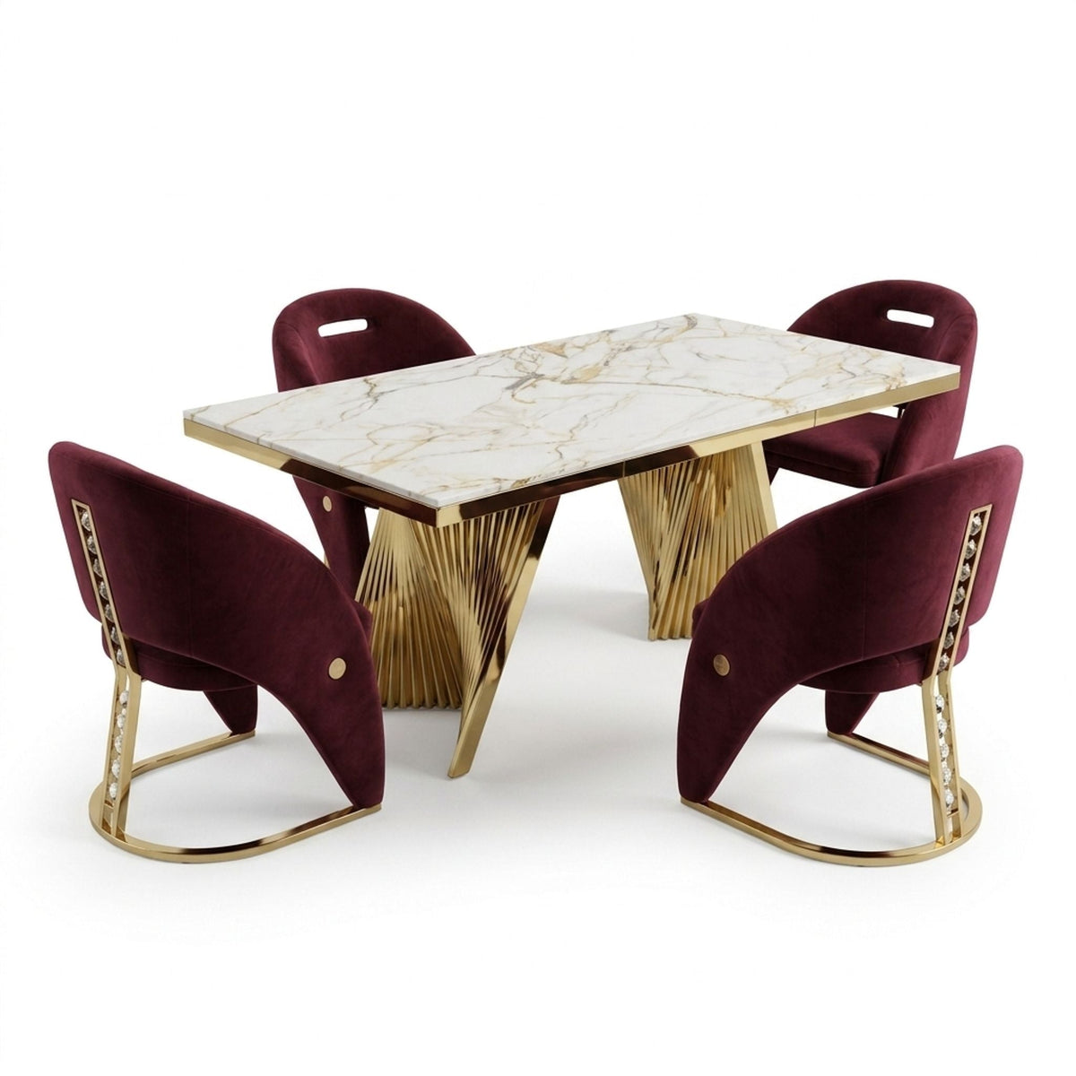 Rovello White & Gold Marble 160cm Dining Set with Carpi Maroon Velvet Chairs