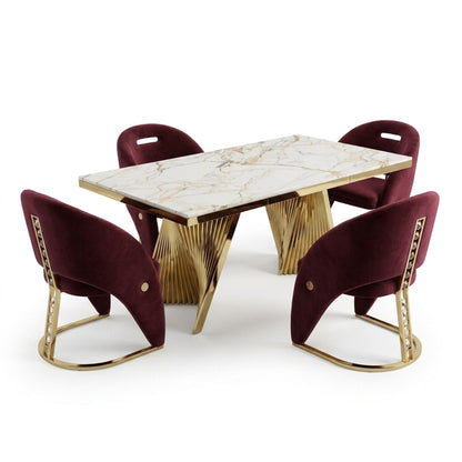 Rovello White & Gold Marble 160cm Dining Set with Carpi Maroon Velvet Chairs