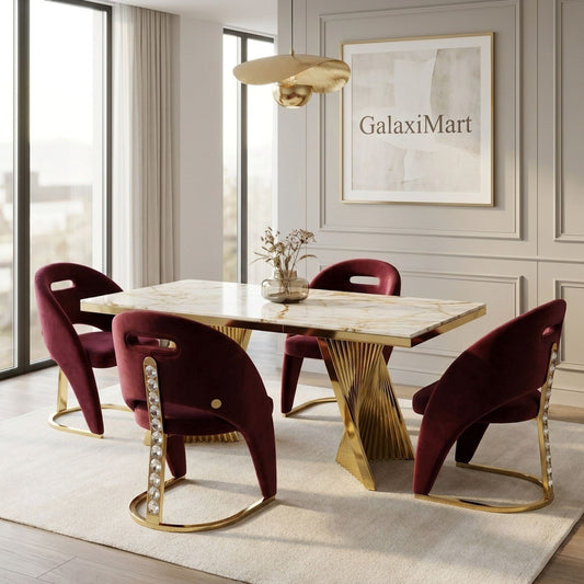Rovello White & Gold Marble 160cm Dining Set with Carpi Maroon Velvet Chairs